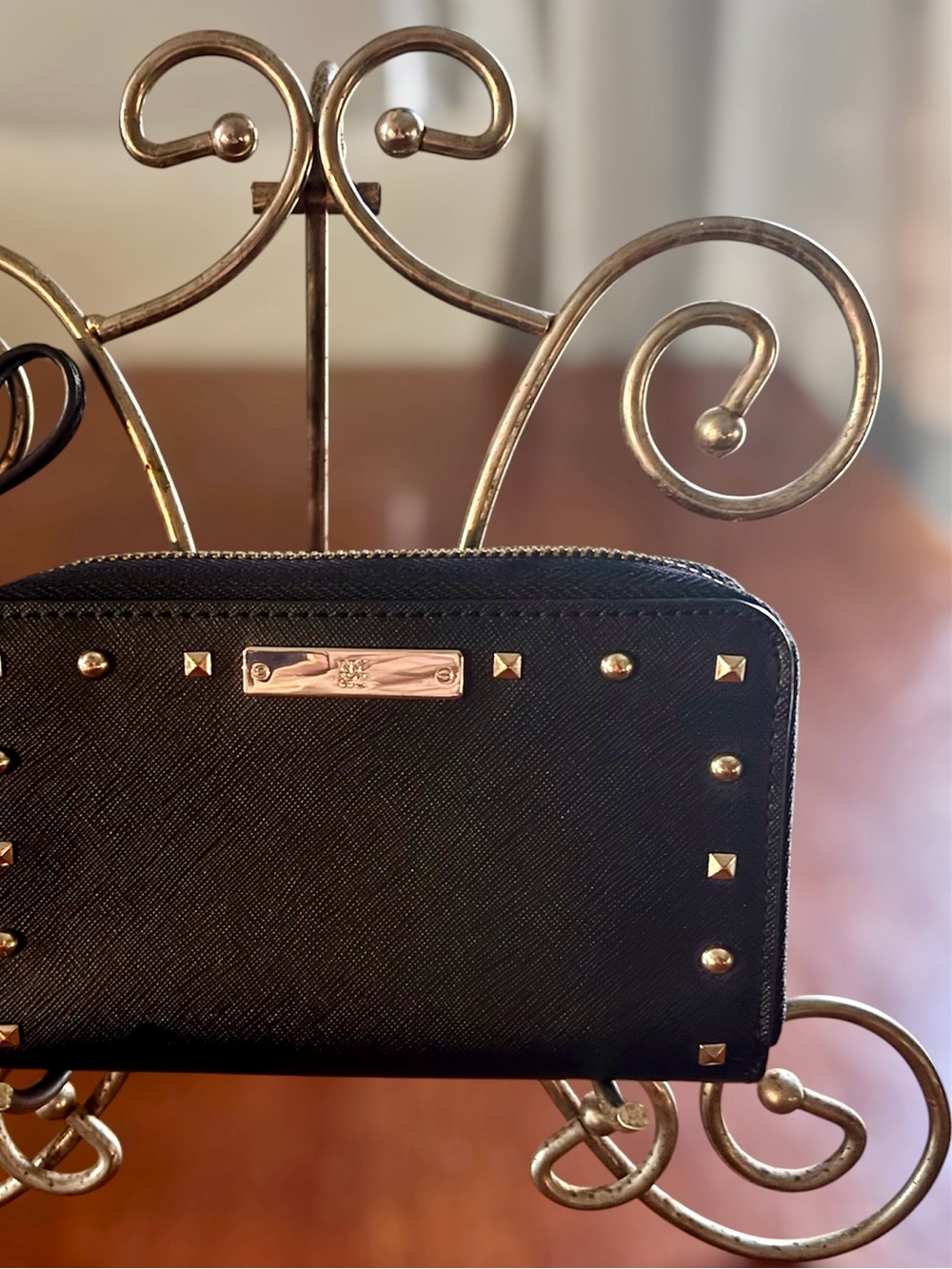 New York & Company Black Studded Wristlet with Gold Accents